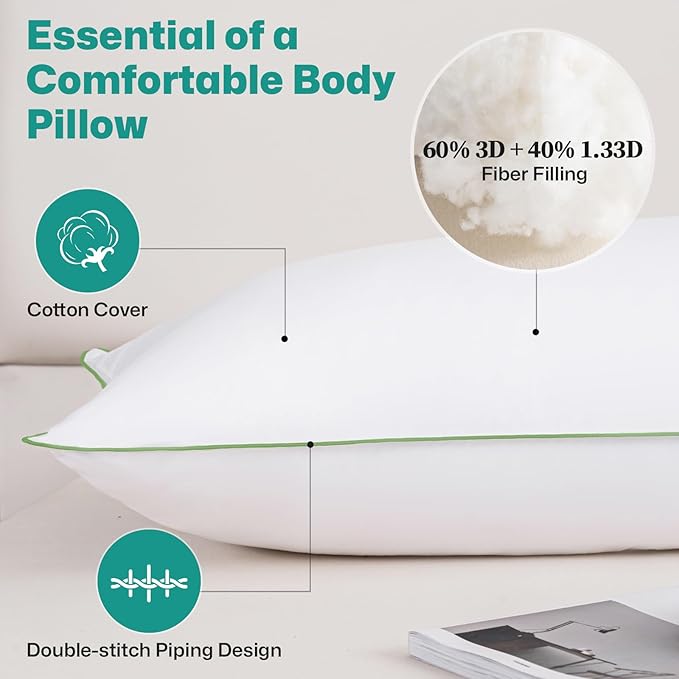 100% Breathable Cotton Cover Body Pillow for Adult Cooling Weighted Body Pillows Insert, Firm Support, and Unique Contour Swan Design for Full Body Relaxation 20 * 54(Green)