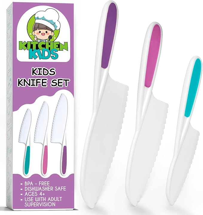 Kids Knife Set of 3 - Firm Grip, Serrated Edges & Safe – Colorful Nylon Toddler Knife Set to Cut Fruits, Salad, Cake, Lettuce (Purple Multi)