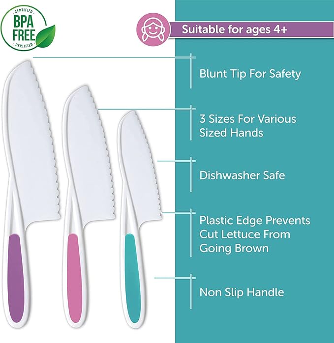 Kids Knife Set of 3 - Firm Grip, Serrated Edges & Safe – Colorful Nylon Toddler Knife Set to Cut Fruits, Salad, Cake, Lettuce (Purple Multi)