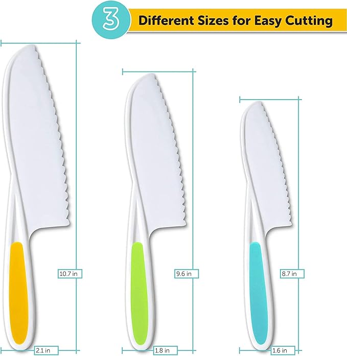 Toddler Knife Set of 3 - Firm Grip, Serrated Edges & Safe – Colorful Nylon Toddler Cooking Knives to Cut Fruits, Salad, Cake, Lettuce (Multi)