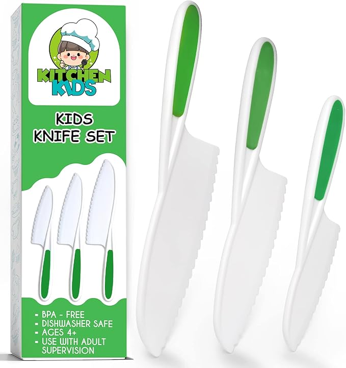 Kids Knife Set of 3 - Firm Grip, Serrated Edges & Safe – Colorful Nylon Toddler Knife Set to Cut Fruits, Salad, Cake, Lettuce (Green)