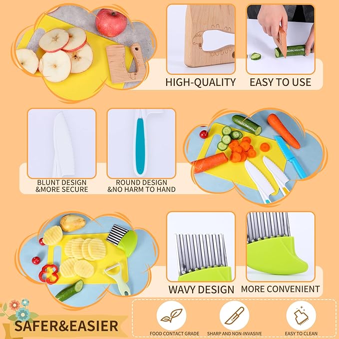 20 Pieces Wooden Kids Knife Set, Kids Safe Knifes For Cooking,Kids Kitchen Knives For Parent-Child Games&Exercise Hands-On Ability&Gifts