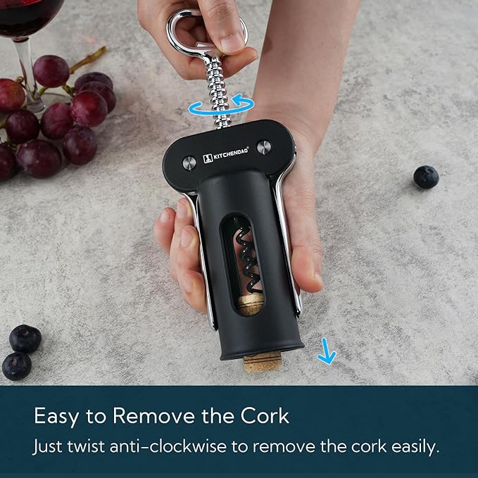 KITCHENDAO 3 in 1 Wing Corkscrew Wine Bottle Opener with Foil Cutter, Built-in Beer Bottle Opener, Multifunctional Wine Opener with Non-Stick Sharp Screw,Easy to Use, Manual Wine Corkscrew,Black