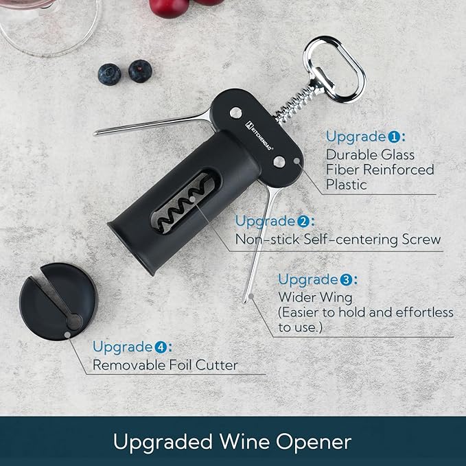 KITCHENDAO 3 in 1 Wing Corkscrew Wine Bottle Opener with Foil Cutter, Built-in Beer Bottle Opener, Multifunctional Wine Opener with Non-Stick Sharp Screw,Easy to Use, Manual Wine Corkscrew,Black