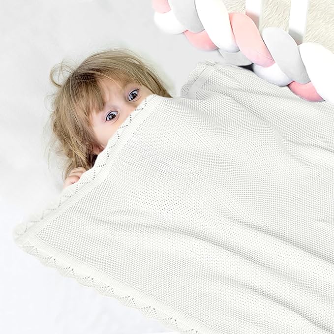 100% Cotton Baby Blanket Knit Lace Soft Warm Toddler Blanket,30 x 40 Inches,White