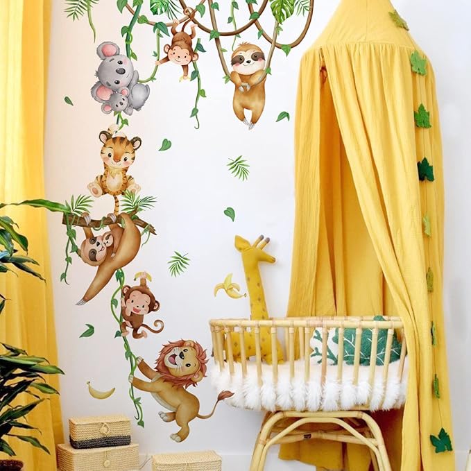 Lion Monkey Sloth Koala Tiger Wall Stickers Jungle Animals Climbing Tree Wall Decals Peel and Stick Wall Art Decals for Kids Bedroom Baby Nursery Living Room Playroom Boys Girls Bedroom