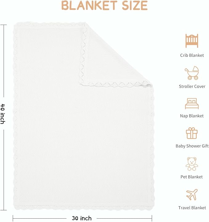100% Cotton Baby Blanket Knit Lace Soft Warm Toddler Blanket,30 x 40 Inches,White