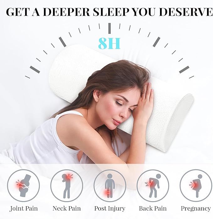 Knee Pillow for Side Sleepers Memory Foam Leg Pillows for Sleeping Yoga Bed Half Moon Bolster Pillow for Neck Pain Relief with 2 Pillowcases 20.5 x 8 x 4.5 Inches(White+Grey, Standard Size)