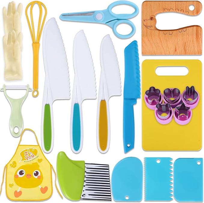 20 Pieces Wooden Kids Knife Set, Kids Safe Knifes For Cooking,Kids Kitchen Knives For Parent-Child Games&Exercise Hands-On Ability&Gifts
