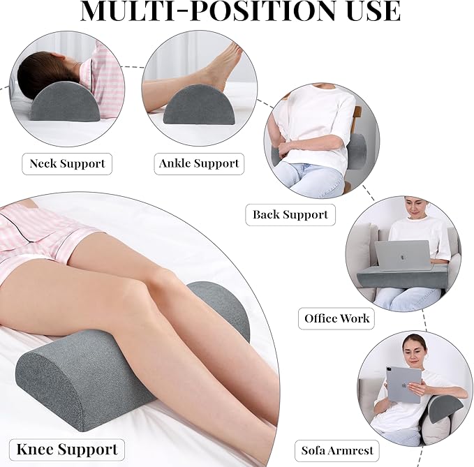 Knee Pillow for Side Sleepers Memory Foam Leg Pillows for Sleeping Yoga Bed Half Moon Bolster Pillow for Neck Pain Relief with 2 Pillowcases 20.5 x 8 x 4.5 Inches(Grey+Green, Standard Size)