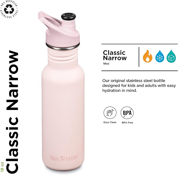 KLEAN KANTEEN Heavenly Pink Classic Water Bottle with Sport Cap, 1 EA