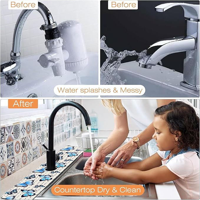 Kitchen Sink Splash Guard Faucet Mat Butterflies Hand Written Text Sink Splash Guard Behind Faucet,1 PC Soft Diatom Mud Non-Slip Mat-for Kitchen,Dish Drying Mat,Bathroom Faucet Mat 23.5"X5.5"