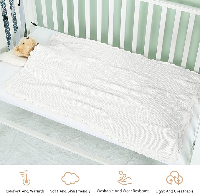 100% Cotton Baby Blanket Knit Lace Soft Warm Toddler Blanket,30 x 40 Inches,White