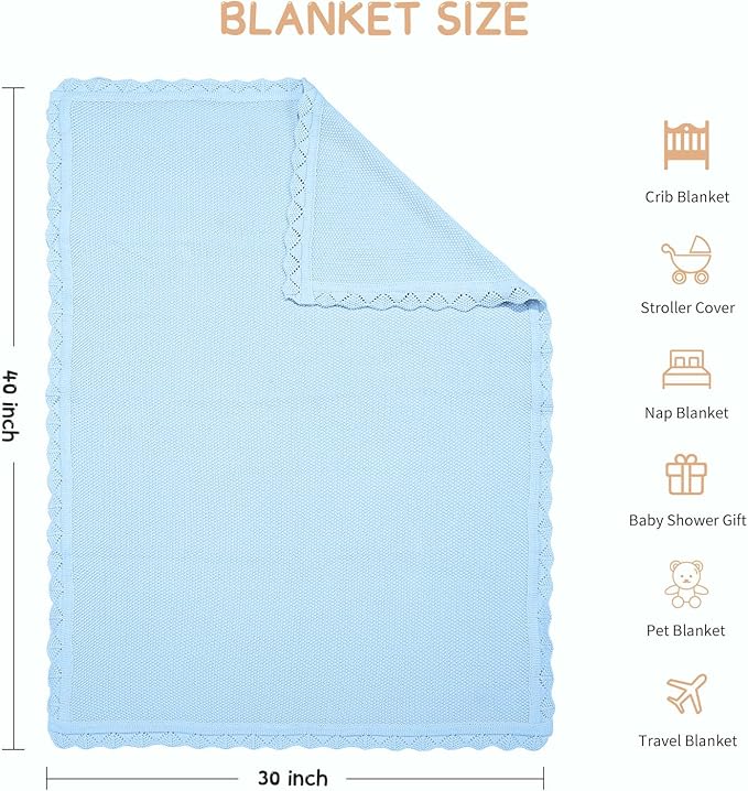 100% Cotton Baby Blanket Knit Lace Soft Warm Toddler Blanket,30 x 40 Inches,Sky Blue