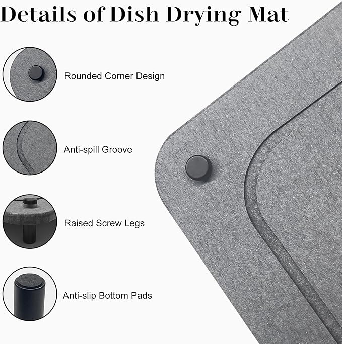 Stone Dish Drying Mat for Kitchen Counter 15.6 x 11.7 Inch Quick Dry Dish Drying Stone Super Absorbent Diatomaceous Earth Dishes Drying Mat with Non-Slip Feet for Kitchen Sink Water Absorbing - Grey