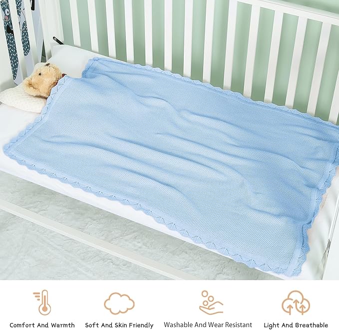 100% Cotton Baby Blanket Knit Lace Soft Warm Toddler Blanket,30 x 40 Inches,Sky Blue