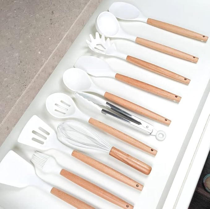 Kitchen Utensils Set, 33 pcs Non-Stick Silicone Cooking Utensils Set, Heat-Resistant Silicone, Wooden Utensils for Cooking, Kitchen Gadgets Spatula Set, Apartment Essentials Kitchen Set (White)