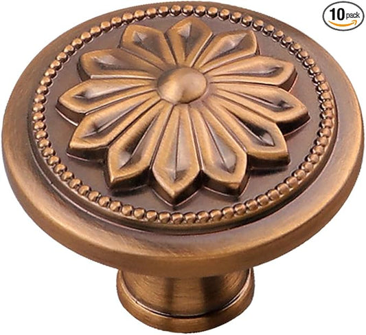 10 Pack Antique Brass Cabinet Knobs Vintage Drawer Knobs,1-2/5" Round Antique Cabinet Knobs Handles for Kitchen Cabinets and Dresser Drawers Vintage Dresser Knobs