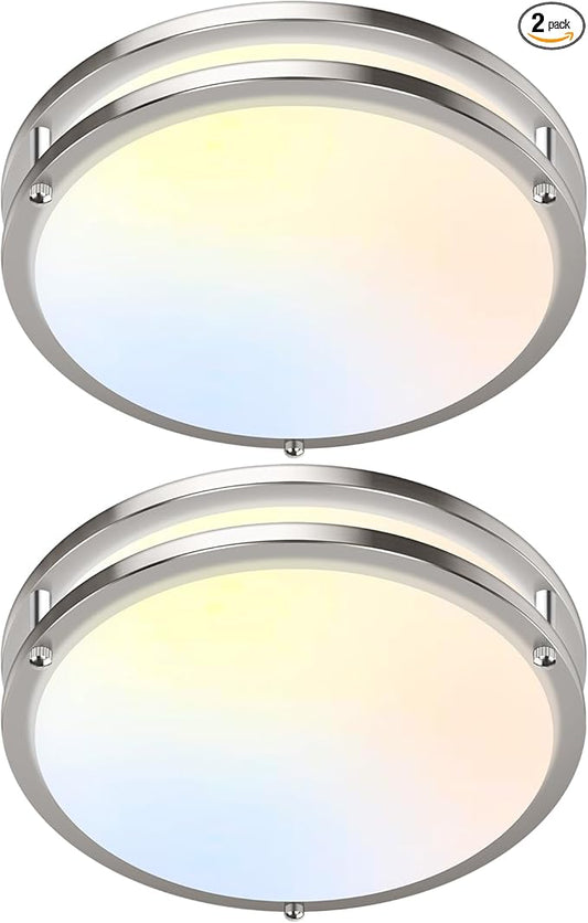12 Inch 36W LED Ceiling Lights, 2700K/3000K/4000K/5000K/6500K Adjusted Flush Mount Ceiling Light, 3000LM Super Bright Dimmable Brushed Nickel Lighting Lamp Fixture for Bedroom Bathroom Dining, 2-Pack