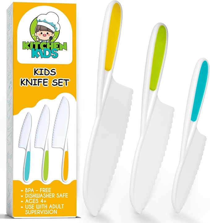 Toddler Knife Set of 3 - Firm Grip, Serrated Edges & Safe – Colorful Nylon Toddler Cooking Knives to Cut Fruits, Salad, Cake, Lettuce (Multi)