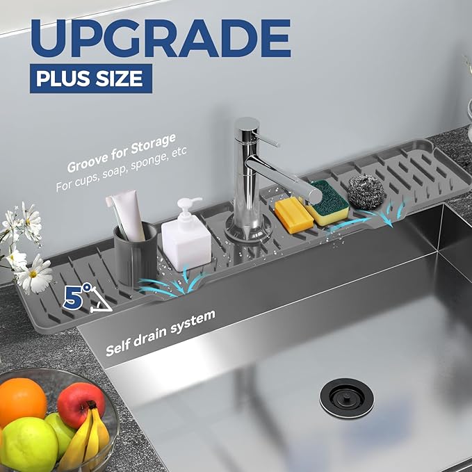 Kitchen Sink Faucet Splash Guard XXL Silicone Sink Faucet Drying Mat Faucet Handle Drip Catcher Tray, Dish Sponge Holder Kitchen Sink Accessories Protector Home Kitchen Organization Gadgets Organizer
