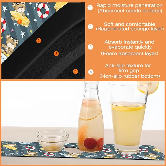 Kitchen Sink Splash Guard Faucet Mat Cartoon Bear Surfing Sink Splash Guard Behind Faucet,1 PC Soft Diatom Mud Non-Slip Mat-for Kitchen,Sink Mat,Dish Drying Mat,Bathroom Faucet Mat 23.5"X5.5"